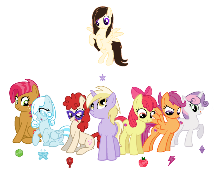 Size: 1024x820 | Tagged: safe, artist:igzzy, artist:laurka13579, artist:oshiaki, derpibooru import, apple bloom, babs seed, dinky hooves, scootaloo, sweetie belle, twist, oc, oc:light heart, oc:snowdrop, earth pony, pegasus, pony, unicorn, base used, cutie mark crusaders, older, simple background, white background