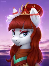 Size: 1200x1600 | Tagged: safe, artist:scheadar, derpibooru import, oc, unofficial characters only, earth pony, pony, beanbrows, clothes, commission, digital art, eyebrows, female, headdress, looking at you, mare, red hair, red mane, solo