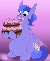 Size: 1175x1433 | Tagged: suggestive, artist:swiftsketchpone, derpibooru import, oc, oc:sugar rush, unofficial characters only, bat pony, pony, belly, belly button, cake, chubby, eating, fat, female, food, messy eating, solo, solo female