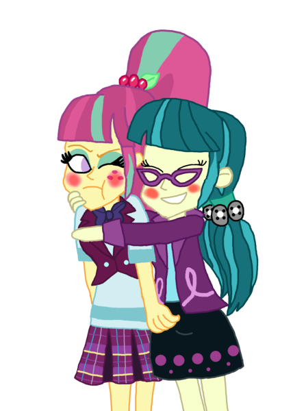 Size: 1800x2418 | Tagged: safe, artist:bigpurplemuppet99, derpibooru import, juniper montage, sour sweet, equestria girls, blushing, crack shipping, female, hug, junipersweet, lesbian, shipping, simple background, transparent background