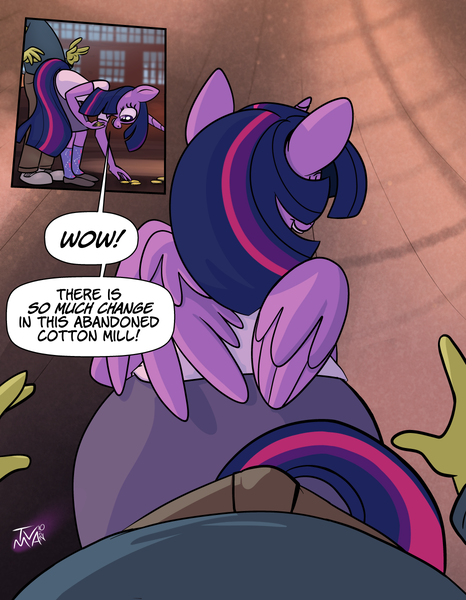 Size: 932x1200 | Tagged: questionable, artist:1trick, derpibooru import, twilight sparkle, twilight sparkle (alicorn), oc, oc:anon, alicorn, anthro, human, accidental stimulation, ass up, bent over, canon x oc, clothes, coin, comic, crotch bulge, erection, imminent rape, imminent sex, male, male pov, oblivious, offscreen character, penis, pov, shirt, skirt