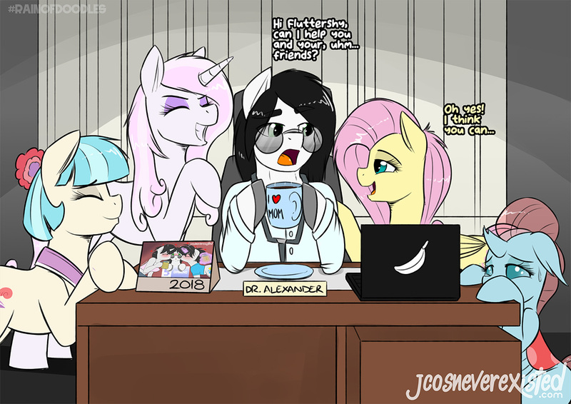 Size: 1280x905 | Tagged: safe, artist:jcosneverexisted, derpibooru import, coco pommel, fleur-de-lis, fluttershy, ocellus, oc, oc:alexander, changedling, changeling, earth pony, pegasus, pony, unicorn, computer, desk, dialogue, doctor, doodle, embarrassed, flutterxander, laptop computer, patreon, sitting, this will end in snu snu