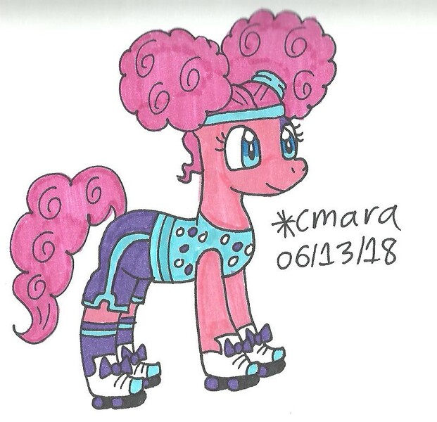 Size: 810x783 | Tagged: safe, artist:carlycmarathecat, derpibooru import, pinkie pie, earth pony, pony, clothes, costume, female, mare, nightmare night costume, pinkie puffs, roller skates, simple background, solo, traditional art, white background