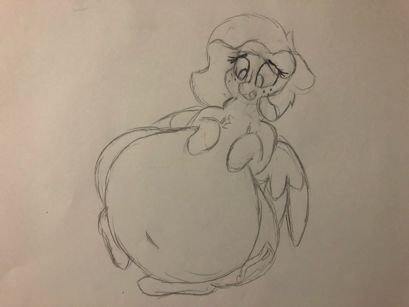 Size: 1280x960 | Tagged: artist:somefrigginnerd, belly, belly button, big belly, derpibooru import, fat, female, lineart, monochrome, obese, oc, oc:sweeter mocha, on back, sketch, solo, solo female, suggestive, traditional art, unofficial characters only, wide hips