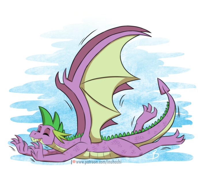 Size: 1024x894 | Tagged: artist:inuhoshi-to-darkpen, behaving like a cat, cute, derpibooru import, dragon, molt down, older, older spike, patreon, patreon logo, safe, signature, simple background, spike, stretching, transparent background, winged spike