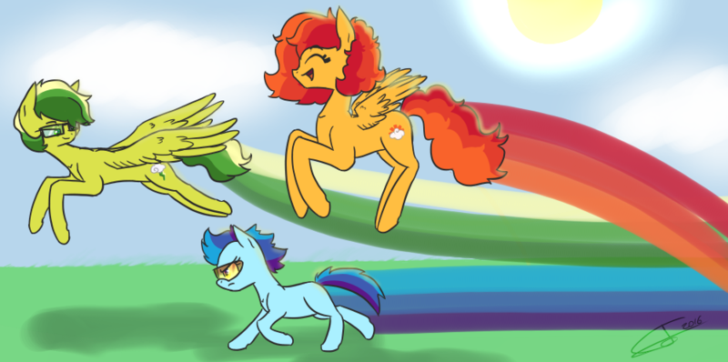 Size: 927x461 | Tagged: safe, artist:ellexa007, derpibooru import, oc, oc:puffy cloud, oc:storm blast, oc:sunset sky, unofficial characters only, earth pony, pegasus, pony, blank flank, female, filly, flying, glasses, mare, offspring, parent:cheese sandwich, parent:rainbow dash, parents:cheesedash, sisters