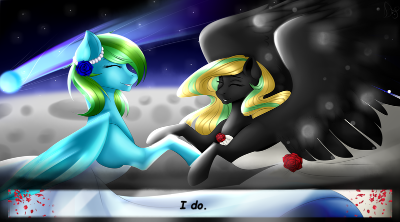 Size: 1600x889 | Tagged: awesome, blonde, cloudsdale, couple, cute, derpibooru import, flying, green mane, happy, love, marriage, oc, oc:aura specs, oc:hibiki blackwing, safe, sky, wings