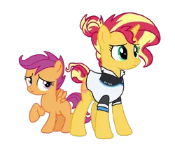 Size: 2016x1749 | Tagged: safe, artist:flipwix, derpibooru import, part of a set, scootaloo, sunset shimmer, android, pegasus, pony, robot, unicorn, alternate cutie mark, alternate hairstyle, alternate universe, ax400, clothes, crossover, detroit: become human, duo, female, filly, foal, hair bun, kara, mare, raised hoof, simple background, tail bun, transparent background