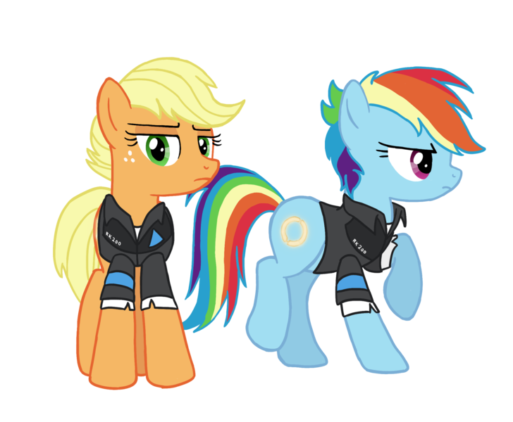 Size: 2160x1779 | Tagged: safe, artist:flipwix, derpibooru import, part of a set, applejack, rainbow dash, android, earth pony, pony, robot, alternate cutie mark, alternate hairstyle, alternate universe, clothes, crossover, detroit: become human, looking at you, markus, short hair, short mane, simple background, transparent background, walking