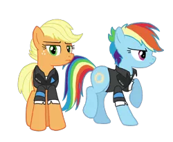 Size: 2160x1779 | Tagged: safe, artist:flipwix, derpibooru import, part of a set, applejack, rainbow dash, android, earth pony, pony, robot, alternate cutie mark, alternate hairstyle, alternate universe, clothes, crossover, detroit: become human, looking at you, markus, short hair, short mane, simple background, transparent background, walking