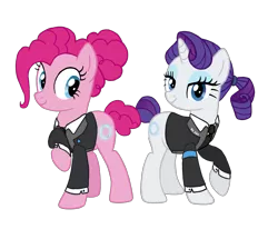 Size: 2160x1779 | Tagged: safe, artist:flipwix, derpibooru import, part of a set, pinkie pie, rarity, android, earth pony, pony, robot, unicorn, alternate cutie mark, alternate hairstyle, alternate universe, clothes, connor, crossover, detroit: become human, duo, eyes on the prize, female, jacket, lidded eyes, looking at you, mare, necktie, ponytail, raised hoof, rk800, simple background, smiling, tail bun, transparent background, vector