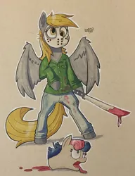 Size: 2000x2600 | Tagged: semi-grimdark, artist:hypno, derpibooru import, bon bon, derpy hooves, sweetie drops, earth pony, pegasus, pony, semi-anthro, abuse, bipedal, blood, blood splatter, bon abuse, death, decapitated, derp, ear fluff, female, friday the 13th, hockey mask, hoof hold, implied murder, jason voorhees, machete, mare, marker drawing, mask, open mouth, severed head, solo, spread wings, tongue out, traditional art, underhoof, weapon, wide eyes, wing fluff, wings