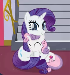 Size: 2248x2395 | Tagged: safe, artist:shutterflyeqd, derpibooru import, rarity, sweetie belle, pony, unicorn, colored pupils, cute, daaaaaaaaaaaw, diasweetes, dilated pupils, eyes closed, faic, female, filly, hug, looking at you, mare, raribetes, siblings, sisterly love, sisters, sitting, smiling, smirk, stairs, twiface