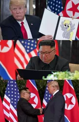 Size: 540x831 | Tagged: safe, deleted from derpibooru, derpibooru import, derpy hooves, human, pegasus, pony, 1000 hours in ms paint, american flag, clothes, donald trump, female, flag, glasses, handshake, irl, irl human, kim jong-un, male, mare, necktie, north korean flag, obligatory pony, photo, politics, suit, suit and tie