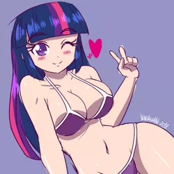 Size: 1000x1000 | Tagged: absolute cleavage, adorasexy, anime style, artist:danmakuman, belly button, big breasts, bikini, blushing, breasts, busty twilight sparkle, cleavage, clothes, cute, derpibooru import, female, heart, human, humanized, one eye closed, peace sign, purple background, sexy, simple background, smiling, suggestive, swimsuit, twilight sparkle, wink