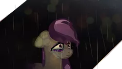 Size: 640x360 | Tagged: safe, artist:sodadoodle, derpibooru import, oc, oc:scintillalight, unofficial characters only, pegasus, pony, bags under eyes, bokeh, crying, dark, female, frown, gray, mare, purple eyes, purple mane, rain, sad, sky, solo, tears of pain