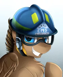 Size: 1446x1764 | Tagged: safe, artist:pridark, derpibooru import, oc, unofficial characters only, pegasus, pony, bust, chest fluff, commission, goggles, helmet, male, portrait, raised hoof, smiling, solo, stallion