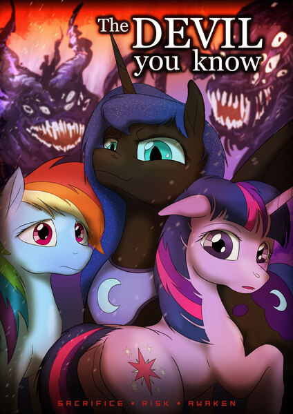 Size: 2480x3508 | Tagged: safe, artist:bernarddk, derpibooru import, princess luna, rainbow dash, twilight sparkle, alicorn, pegasus, pony, unicorn, fanfic, fanfic:the devil you know, cover, cutie mark, fanfic art, fanfic cover, female, looking at you, mare, nightmare luna, text, unicorn twilight