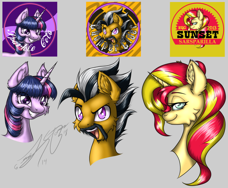 Size: 1024x845 | Tagged: safe, artist:ravvij, derpibooru import, sunset shimmer, twilight sparkle, twilight sparkle (alicorn), oc, oc:overhaul, alicorn, unicorn, fallout equestria, bedroom eyes, bottlecap, cheek fluff, commission, cute, dustykatt, ear fluff, fallout, female, grin, logo, male, mare, ministry mares, ministry of arcane sciences, open mouth, sarsparilla, sauce, smiling, sparkle cola, stallion, sunset sarsparilla