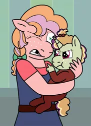 Size: 1429x1967 | Tagged: safe, artist:kindheart525, derpibooru import, oc, oc:honeycrisp, oc:somerset sour cider, unofficial characters only, anthro, earth pony, unicorn, kindverse, :t, baby, baby pony, digital art, duo, eye poke, freckles, middle finger, next generation, offspring, parent:big macintosh, parent:cheerilee, parent:sugar belle, parents:cheerimac, parents:sugarmac, story in the source, story included, vulgar