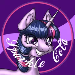 Size: 900x900 | Tagged: safe, artist:ravvij, derpibooru import, twilight sparkle, unicorn, fallout equestria, bottlecap, cheek fluff, cute, ear fluff, fallout, female, grin, horn, mare, ministry mares, ministry of arcane sciences, smiling, soda, solo, sparkle cola