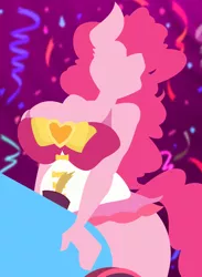 Size: 822x1122 | Tagged: suggestive, artist:lil miss jay, derpibooru import, pinkie pie, anthro, earth pony, big breasts, bikini, breasts, busty pinkie pie, clothes, confetti, corset, equestria girls outfit, female, lineless, minimalist, modern art, party cannon, pinup, silhouette, sillhouette, solo, solo female, standing, streamers, swimsuit, vector