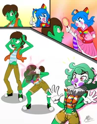 Size: 900x1150 | Tagged: safe, artist:fujuzakinc, derpibooru import, oc, oc:frost d. tart, oc:sasha smiles, unofficial characters only, equestria girls, armpits, barely pony related, belly button, bowtie, clothes, clown, clown nose, converse, curly hair, gloves, hypnosis, hypnotized, magic, male to female, midriff, ruff (clothing), rule 63, shoes, shorts, socks, striped shirt, striped socks, suspenders, thigh highs, transformation, transgender transformation