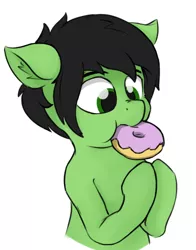 Size: 550x700 | Tagged: safe, artist:crownhound, derpibooru import, oc, oc:anonfilly, unofficial characters only, pony, donut, ear fluff, eating, female, filly, food, hooves up, looking down, puffy cheeks, simple background, white background