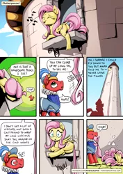 Size: 955x1351 | Tagged: safe, artist:mysticalpha, derpibooru import, big macintosh, fluttershy, earth pony, pegasus, pony, clothes, comic, crash landing, crossover, dialogue, dock, duo, english, faceplant, falling, female, flutterbutt, fluttermac, hat, heart, humor, impossibly long tail, long tail, lying, male, mare, mouth hold, onomatopoeia, plot, pulling, rapunzel, shipping, singing, sitting, speech bubble, stallion, standing, straight, tail, tail pull, tower