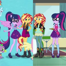 Size: 1920x1920 | Tagged: safe, derpibooru import, screencap, fluttershy, rainbow dash, sci-twi, spike, spike the regular dog, sunset shimmer, twilight sparkle, dog, dance magic, equestria girls, equestria girls series, spoiler:eqg specials, boots, clothes, comparison, eyes closed, female, glasses, high heel boots, jacket, leather jacket, mary janes, offscreen character, ponied up, pony ears, ponytail, scitwilicorn, shoes, skirt, smiling, socks