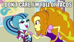 Size: 1309x741 | Tagged: safe, derpibooru import, edit, edited screencap, screencap, adagio dazzle, sonata dusk, equestria girls, rainbow rocks, dialogue, food, gem, hand on hip, image macro, meme, pointing, siren gem, sonataco, taco, taco tuesday