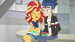 Size: 1920x1080 | Tagged: safe, derpibooru import, screencap, flash sentry, sunset shimmer, eqg summertime shorts, equestria girls, good vibes, apron, beautiful, clothes, eyes closed, female, food, fountain, happi, jacket, japanese, male, pants, shipping fuel, shirt, sitting, smiling, sunset sushi, sushi, uniform, water