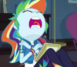 Size: 1245x1079 | Tagged: safe, derpibooru import, screencap, rainbow dash, equestria girls, equestria girls series, the finals countdown, book, cropped, eyes closed, faic, female, open mouth, rainbow dash is best facemaker, rapedface, sleeping, volumetric mouth