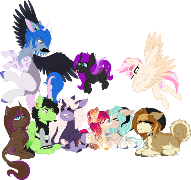 Size: 3829x3602 | Tagged: safe, artist:sweethearttarot, derpibooru import, oc, unofficial characters only, changeling, draconequus, pegasus, pony, unicorn, wolf pony, beanie, changeling oc, collar, cutie mark, dab, disney, draconequus oc, facial hair, hat, laughing, moustache, piercing, rastafari, simple background, smiling, tongue out, transparent background