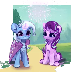 Size: 2090x2000 | Tagged: safe, artist:graypillow, derpibooru import, starlight glimmer, trixie, pony, unicorn, cape, clothes, cute, diatrixes, duo, female, fireworks, glimmerbetes, glowing horn, hatless, magic, mare, missing accessory, simple background, transparent background, trixie's cape