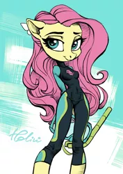 Size: 2480x3507 | Tagged: anthro, artist:holivi, derpibooru import, diving goggles, equestria girls outfit, female, fluttershy, looking at you, pointed breasts, safe, snorkel, solo, wetsuit