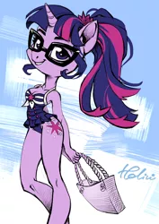 Size: 2480x3507 | Tagged: suggestive, artist:holivi, derpibooru import, sci-twi, twilight sparkle, ponified, anthro, equestria girls, equestria girls series, forgotten friendship, abstract background, attached skirt, blue swimsuit, breasts, cleavage, clothes, cute, equestria girls ponified, female, frilled swimsuit, glasses, high cut, looking at you, moe, ponytail, purse, signature, skirt, smiling, solo, striped swimsuit, swimsuit