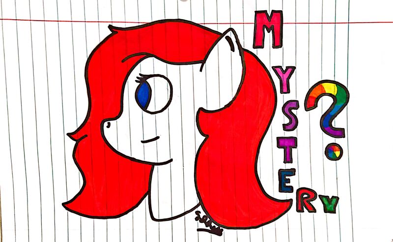 Size: 2940x1812 | Tagged: safe, artist:superdavid2011, derpibooru import, oc, oc:mystery, unofficial characters only, pony, blue eyes, bust, female, lined paper, mare, question mark, rainbow colors, red mane, signature, solo, traditional art