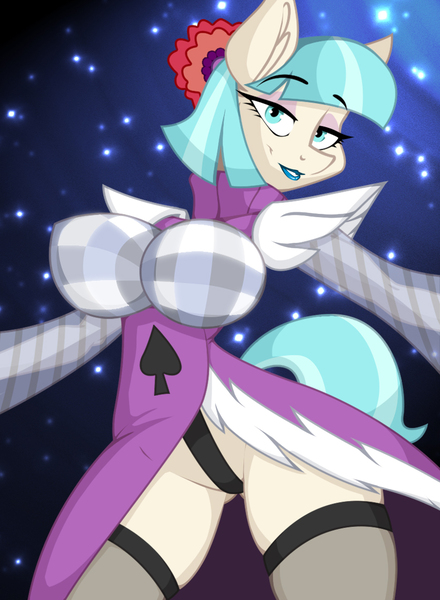 Size: 822x1122 | Tagged: suggestive, artist:lil miss jay, derpibooru import, coco pommel, anthro, full service playing cards, big breasts, boob socks, breasts, busty coco pommel, clothes, eyeshadow, female, flower, flower in hair, lipstick, looking at you, makeup, raised eyebrows, smiling, smirk, solo, solo female, underass