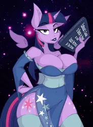 Size: 822x1122 | Tagged: suggestive, artist:lil miss jay, derpibooru import, twilight sparkle, twilight sparkle (alicorn), alicorn, anthro, full service playing cards, armpits, book, breasts, busty twilight sparkle, clothes, detached sleeves, female, image, jpeg, lipstick, loincloth, shoulderless, socks, solo, solo female, stockings, thigh highs