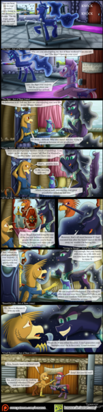 Size: 1000x3986 | Tagged: safe, artist:bonaxor, derpibooru import, oc, oc:princess dream, oc:sebastian, bat pony, gryphon, pony, comic:lunar republic stories, ace of base, comic, grammar error, treadmill