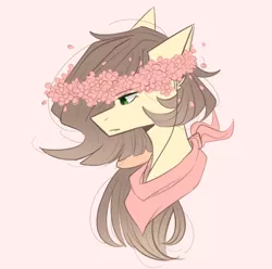 Size: 1280x1272 | Tagged: safe, artist:cupofvanillatea, derpibooru import, oc, pony, bust, female, floral head wreath, flower, mare, pink background, portrait, simple background, solo