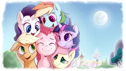 Size: 1024x576 | Tagged: applejack, artist:sea-maas, commission, crying, derpibooru import, fluttershy, happy, joy, mane six, moon, pinkie pie, pink side of the moon, ponyville, rainbow dash, rarity, safe, smiling, tears of joy, thumbnail, twilight sparkle