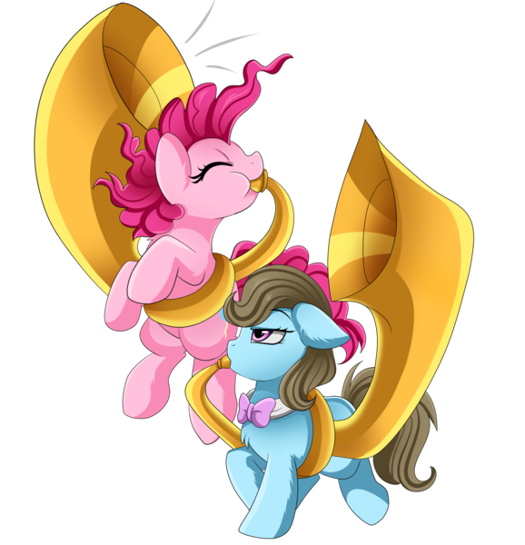 Size: 2260x2347 | Tagged: safe, artist:pridark, derpibooru import, beauty brass, pinkie pie, pony, beauty brass is not amused, chest fluff, cute, duo, ear fluff, eyes closed, floppy ears, lidded eyes, musical instrument, profile, simple background, transparent background, tuba