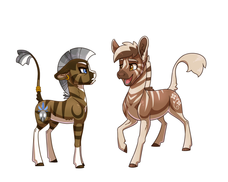 Size: 3000x2400 | Tagged: safe, artist:jackiebloom, derpibooru import, oc, oc:kinyume, unofficial characters only, hybrid, quagga, zony, duo, ear piercing, earring, high res, interspecies offspring, jewelry, leonine tail, magical lesbian spawn, offspring, parent:daring do, parent:zecora, parents:daringcora, piercing, simple background, socks (coat marking), tail ring, transparent background
