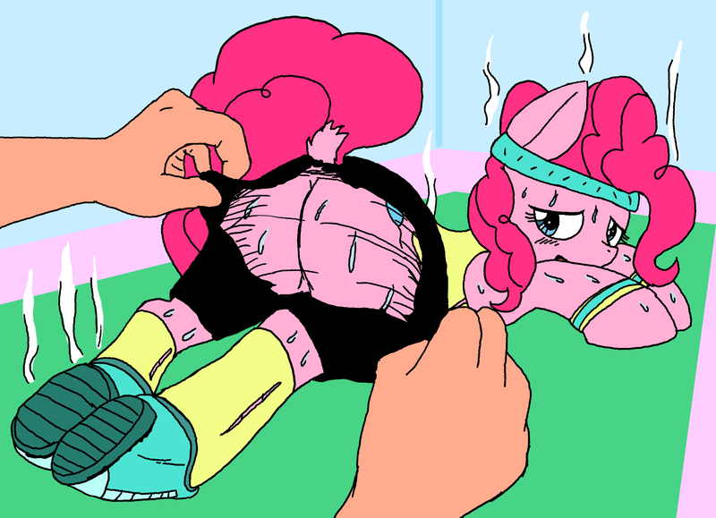 Size: 2331x1688 | Tagged: artist needed, suggestive, derpibooru import, pinkie pie, human, pony, assisted exposure, blushing, clothes, colored, dock, excessive sweat, implied human on pony action, implied interspecies, odor, pants, plot, ripping clothes, shoes, smelly, sweat, the ass was fat, tight clothing, tired, workout outfit