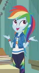 Size: 382x708 | Tagged: safe, derpibooru import, screencap, rainbow dash, equestria girls, equestria girls series, the last day of school, clothes, cropped, female, geode of super speed, jacket, magical geodes, pants, smiling