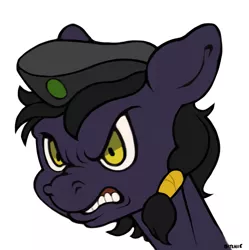 Size: 3197x3215 | Tagged: angry, artist:bitchiie, bared teeth, beret, bust, dashite, derpibooru import, fallout equestria, flat colors, hat, oc, oc:mir, safe, scrunchy face, solo, teeth, teeth grinding, unofficial characters only, ych result