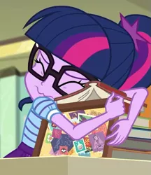 Size: 523x604 | Tagged: safe, derpibooru import, screencap, sci-twi, twilight sparkle, equestria girls, equestria girls series, the last day of school, adorkable, book, bookhorse, cropped, cute, dork, eyes closed, female, glasses, hug, that pony sure does love books, twiabetes, wavy mouth, x{