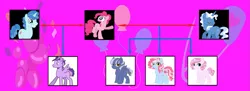 Size: 1625x593 | Tagged: safe, artist:alphamonouryuuken, artist:kianamai, derpibooru import, edit, pinkie pie, pokey pierce, oc, oc:cloudy skies, oc:cotton candy, oc:parade float, oc:sugar rush, pony, kilalaverse, kilalaverse ii, family tree, next generation, offspring, parent:party favor, parent:pinkie pie, parent:pokey pierce, polygamy